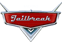 a red and silver car logo that says ' jailbreak '