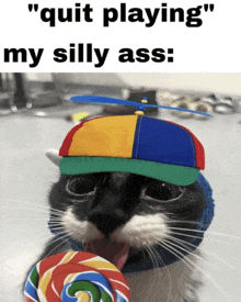 a cat wearing a colorful hat is licking a lollipop