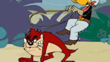 a cartoon character is riding on the back of a dog