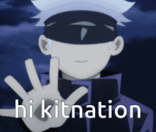 a cartoon character is giving a high five and the words hi kitnation are above him