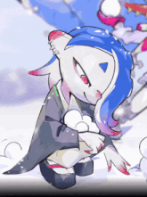 a cartoon drawing of a penguin with blue hair