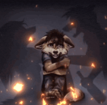 a furry character is kneeling down in front of a shadow of a wolf .