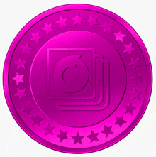 a purple coin with a square in the center