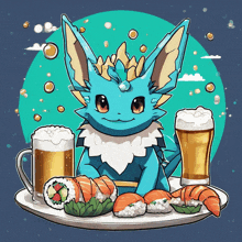 a cartoon drawing of a blue pokemon sitting on a plate of sushi and beer