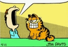 a cartoon of garfield sitting next to a man with his mouth open .