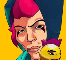 a cartoon drawing of a woman with pink hair holding a yellow ball with a face on it .