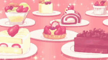 a bunch of different types of cakes on plates on a pink table .