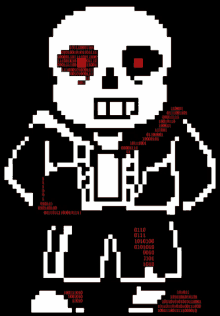 a pixel art drawing of a skeleton with red eyes and a black background