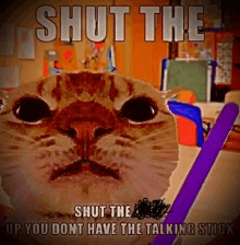 a cat with a purple stick in its mouth and the words shut the up you dont have the talking stick above it .