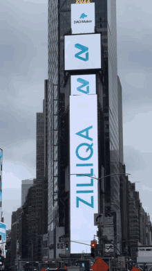 a large billboard on a building that says zilliqa on it