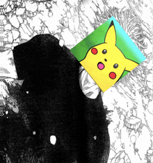 a drawing of a surprised pikachu with a green background