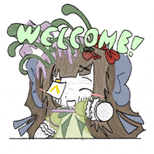 a cartoon drawing of a person with the words welcome written on it