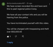 a message from cityviewbussales497 says they have screen recorded this and have sent it to peel regional police corey