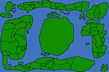 a cartoon drawing of a green island in the middle of a blue ocean