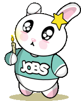 a cartoon rabbit wearing a jobs shirt is holding a candle