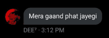 a screenshot of a text message that says `` mera gaand phat jayegi '' on a black background .