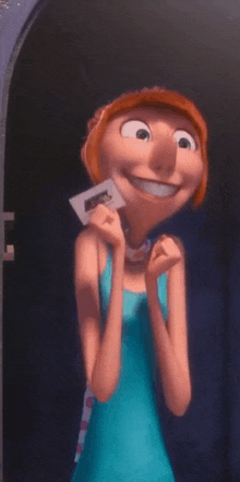 a cartoon character is smiling while holding a piece of paper in her hand .