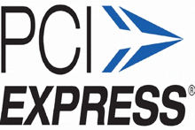 a logo for pci express with a blue arrow pointing to the right