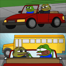 a cartoon of two frogs in a car and a school bus