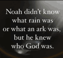 noah didn 't know what rain was or what an ark was but he knew who god was .