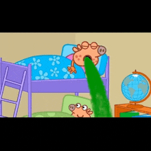 a cartoon pig is laying in a bunk bed with a globe in the background