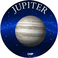 a blue circle with the planet jupiter in the middle