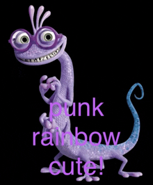 a purple lizard with glasses and the words punk rainbow cute on it