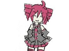 a drawing of a girl with pink hair wearing a tie and knee high socks .