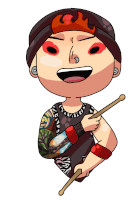 a cartoon drawing of a man with tattoos holding a drum stick