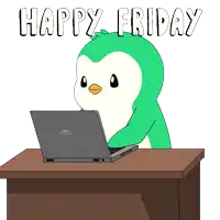 a penguin is sitting at a desk holding a dell laptop computer