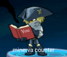 a cartoon character holding a book that says " you minerva counter "