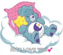 a care bear is sleeping on a cloud with a pillow and holding a star .