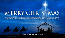 a merry christmas greeting card with a nativity scene