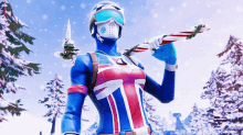 a person in a british flag outfit is holding a candy cane in the snow