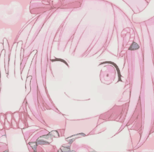 a pink anime girl with a candy cane in her hair is smiling