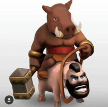 a cartoon character is riding on the back of a boar with a hammer .