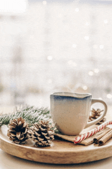 a cup of hot chocolate with candy canes and pine cones on a wooden tray .