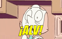 a cartoon character from steven universe is making a funny face and saying `` alv '' .