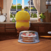 a yellow duck is standing next to a cake with strawberries on it in a kitchen