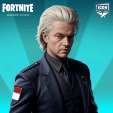 a man in a suit with a fortnite logo on the bottom