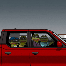 three frogs are sitting in a red truck with one wearing a blue hat