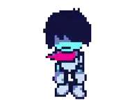 a pixel art of a person with a pink scarf around their neck standing on a white background .