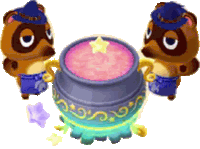 two cartoon bears are standing around a cauldron with a star on top