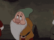 a cartoon dwarf with a beard and a green hat is standing next to another dwarf .