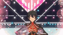 a man in a red and black outfit is standing in front of a heart