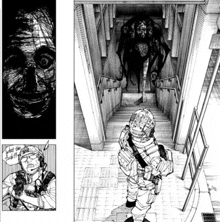 a black and white drawing of a soldier standing in front of a staircase with a monster behind him .