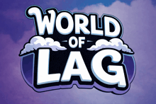 a logo for world of lag with a purple sky in the background