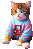 a cat wearing a colorful sweater with a picture of a cat on it