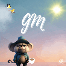 a cartoon monkey holding a cup of coffee with the word gm behind him