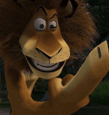 a close up of a cartoon lion 's face and paw